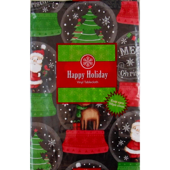 New Christmas Vinyl Tablecloth Black Snowglobe Santa 52" x 90" Happy Holiday - Picture 1 of 3
